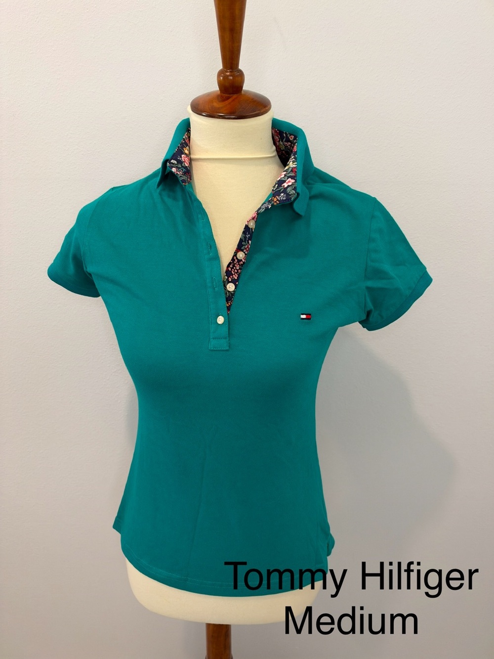 Tommy Hilfiger Teal Short Sleeve Polo with Floral-Trim Collar